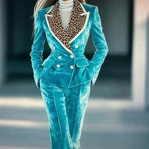NEW! Women's Teal Velvet Double-breasted Suit with Leopard Trim *SuperSharp! Med